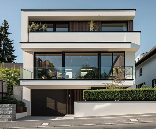 Moderne mehrstöckige weiß verputzte Hausfassade
