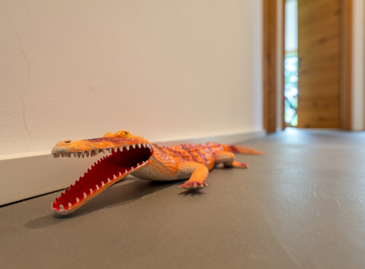 Fugenloser grauer Bodenbelag auf dem ein orangenes Krokodil liegt