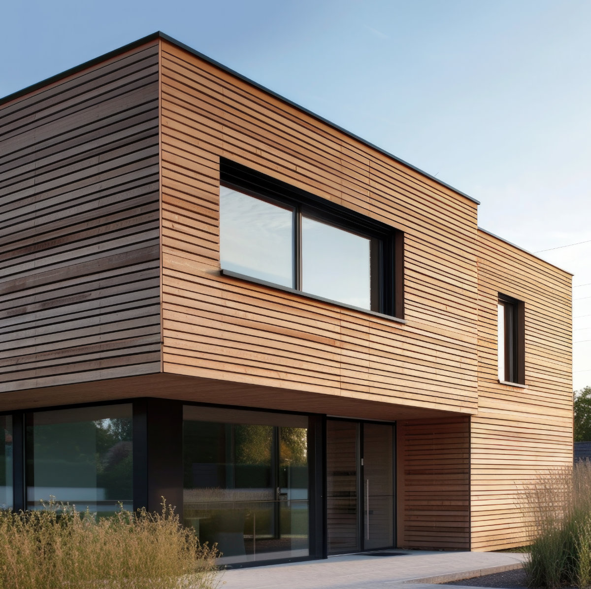 Mit Holz verkleidete moderne Hausfassade